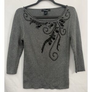 Once Again‎ Silver Ribbed Sweater Metallic Embellished Jeweled Beaded Womens M